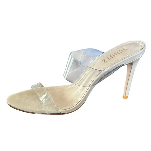 SCHUTZ Ariella Transparent Nude Leather High Heel Slip On Sandals NWOB 8.5