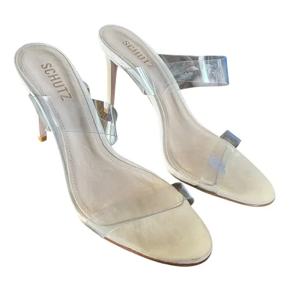 SCHUTZ Ariella Transparent Nude Leather High Heel Slip On Sandals NWOB 8.5