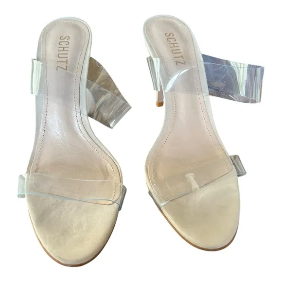 SCHUTZ Ariella Transparent Nude Leather High Heel Slip On Sandals NWOB 8.5