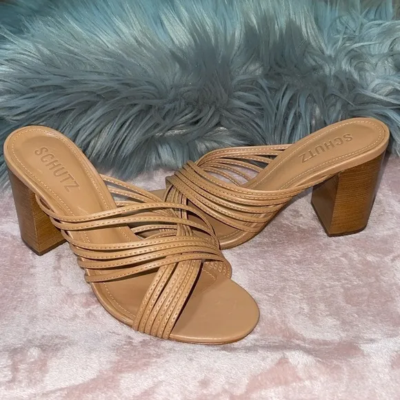 Schutz Evangeline Atanado Leather Sandals Mules Sz. 6.5 in Honey Peach
