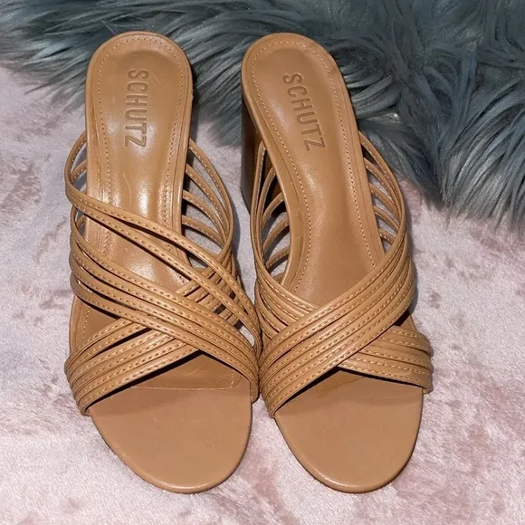 Schutz Evangeline Atanado Leather Sandals Mules Sz. 6.5 in Honey Peach