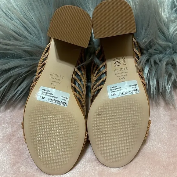 Schutz Evangeline Atanado Leather Sandals Mules Sz. 6.5 in Honey Peach