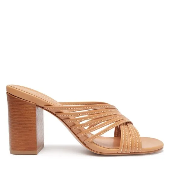 Schutz Evangeline Atanado Leather Sandals Mules Sz. 6.5 in Honey Peach