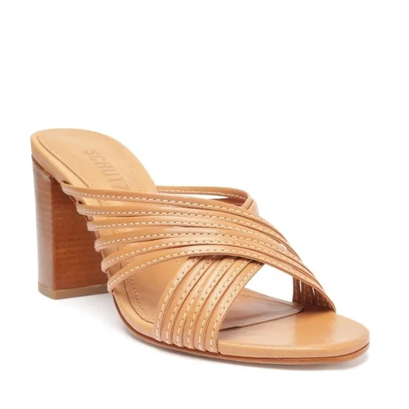 Schutz Evangeline Atanado Leather Sandals Mules Sz. 6.5 in Honey Peach