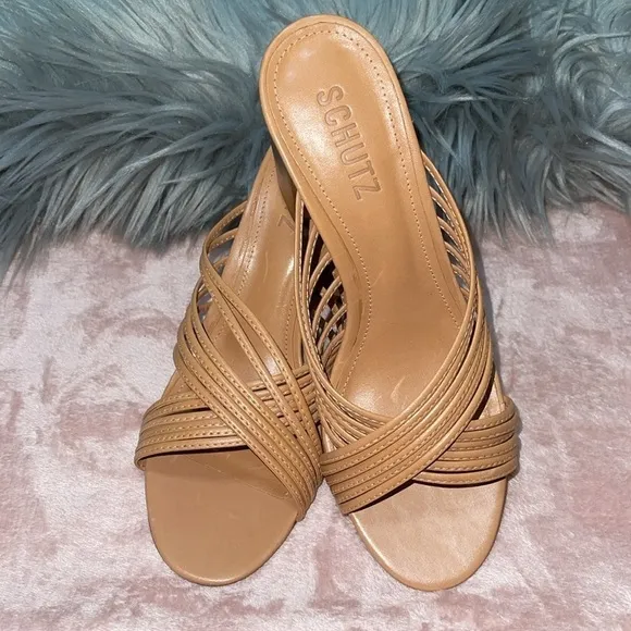Schutz Evangeline Atanado Leather Sandals Mules Sz. 6.5 in Honey Peach