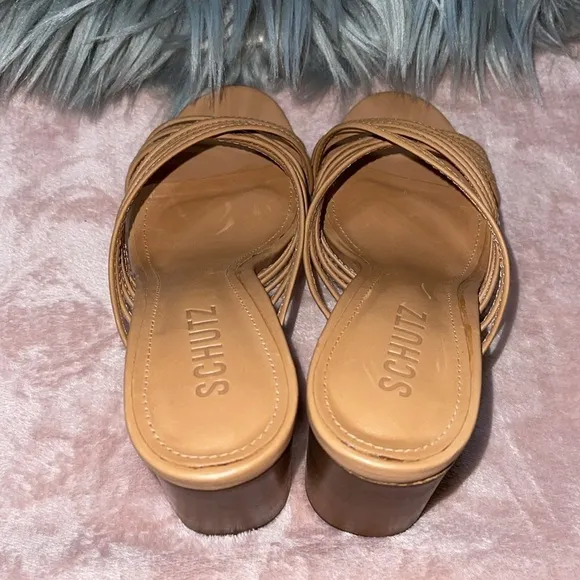 Schutz Evangeline Atanado Leather Sandals Mules Sz. 6.5 in Honey Peach