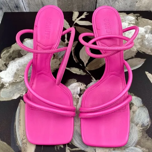 Schutz Shalla Angled-Heel Sandals in Hot Pink Size 10B.