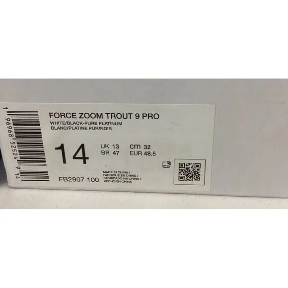 Size 14 - Nike Force Zoom Trout 9 White Black Men's Athletic Shoes Sports Cleats