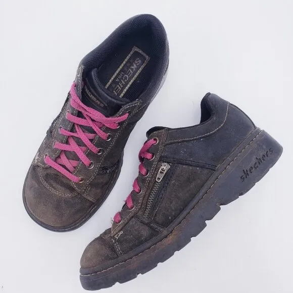 Skechers Vintage Y2K 90s Shoes Women's 7 Brown Leather Chunky Platform Oxford
