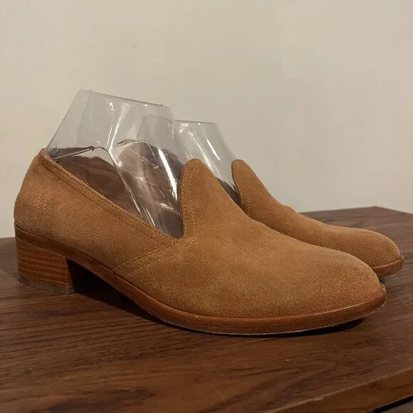 Soludos Sophie Tan Suede Almond Toe Block Heel Slip On Loafer Shoes Sz 8.5