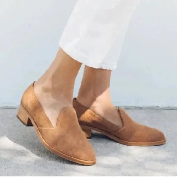 Soludos Sophie Tan Suede Almond Toe Block Heel Slip On Loafer Shoes Sz 8.5