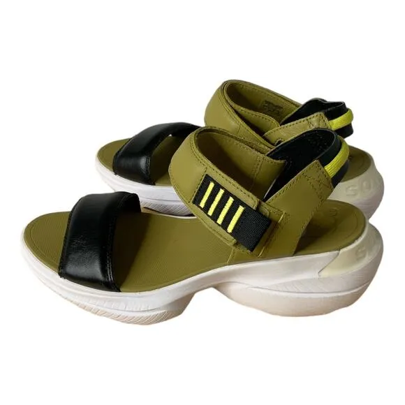 Sorel Olive Green Shade Black Two Straps Wedge Sandals Womens Size 9