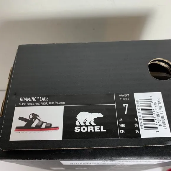 Sorel Roaming Lace Sandals Leather Straps Black Punch Pink Size 7 NEW