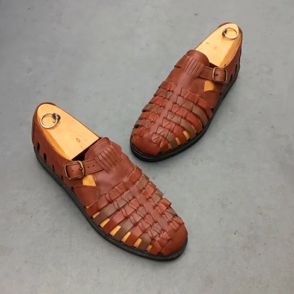 STACEY ADAMS Men's Vintage Brown Woven Genuine Leather Sandal Moccasins