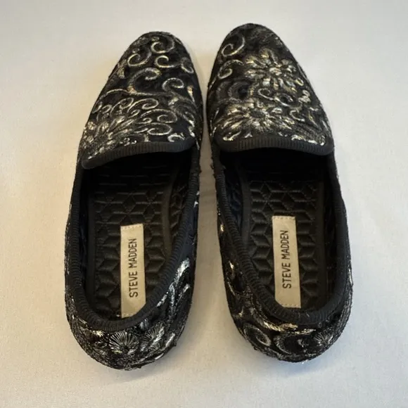 Steve Madden Men's Black Velvet Gold Embroidered Crushed Loafers‎ Size 8