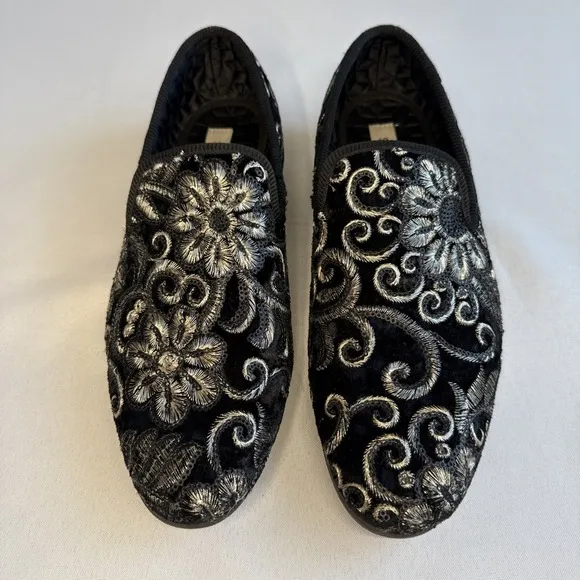 Steve Madden Men's Black Velvet Gold Embroidered Crushed Loafers‎ Size 8