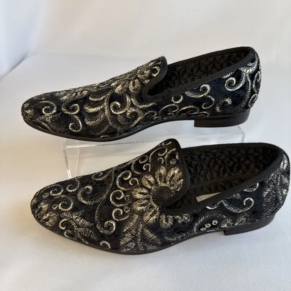 Steve Madden Men's Black Velvet Gold Embroidered Crushed Loafers‎ Size 8