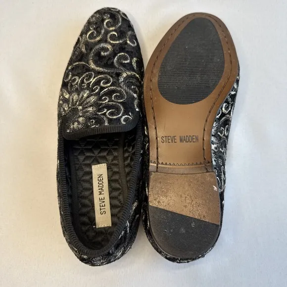 Steve Madden Men's Black Velvet Gold Embroidered Crushed Loafers‎ Size 8