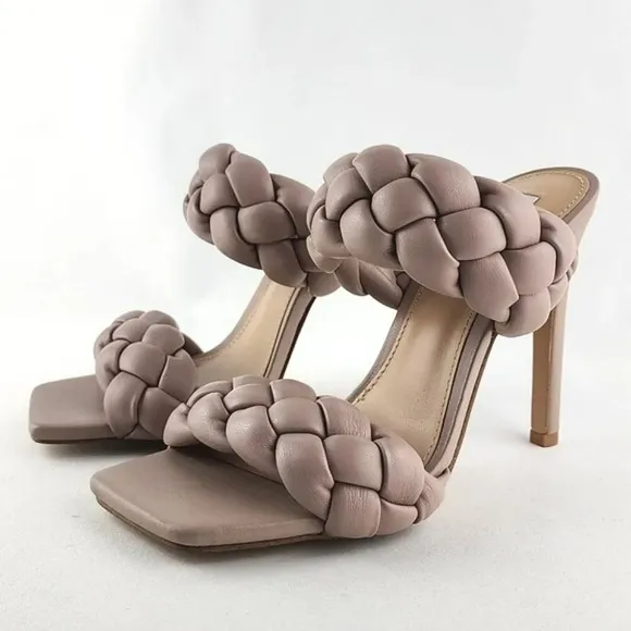 Steve Madden Women's Henley Taupe Heeled Puffy Braided Sandal Square Toe Sz 7M