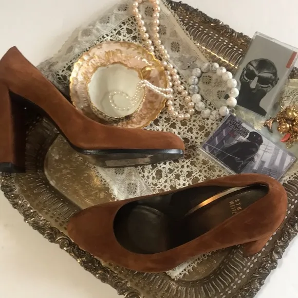 Stuart Weitzman Amaretto Chunky High Heel  Pump Designer Shoe Luxury Suede