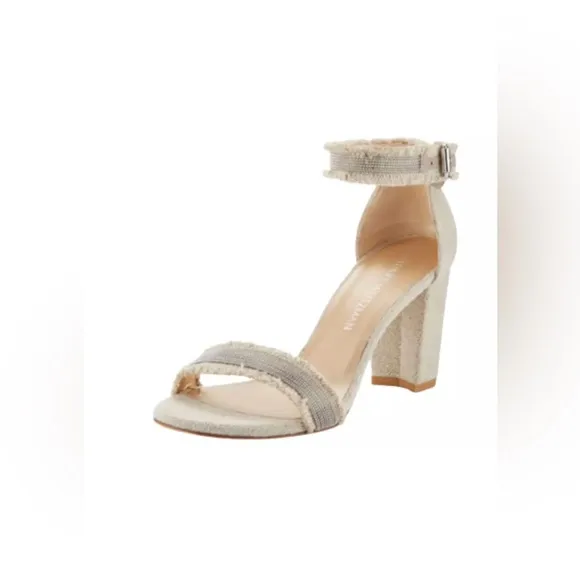 Stuart Weitzman Chaingang Frayed Sandals Women’s 8 Oat Tan Nude Buckle Fringe