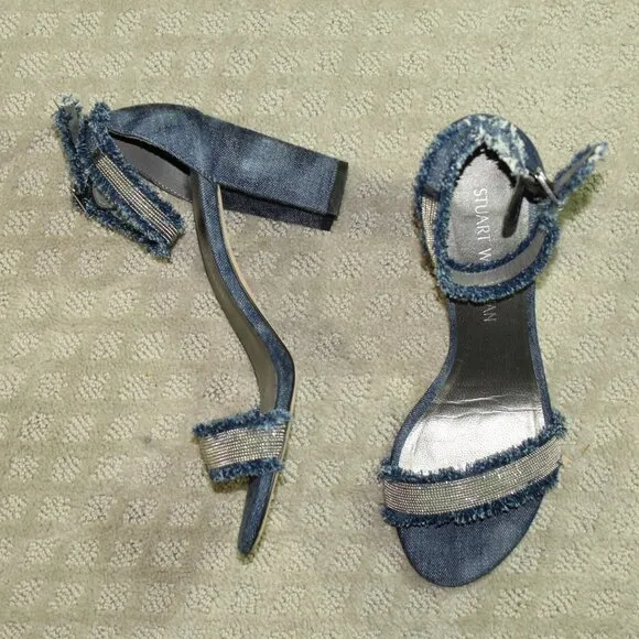 Stuart Weitzman Denim and Bling Fabric Chunky Strappy 3&quot; Heel Women's Size 7.5M
