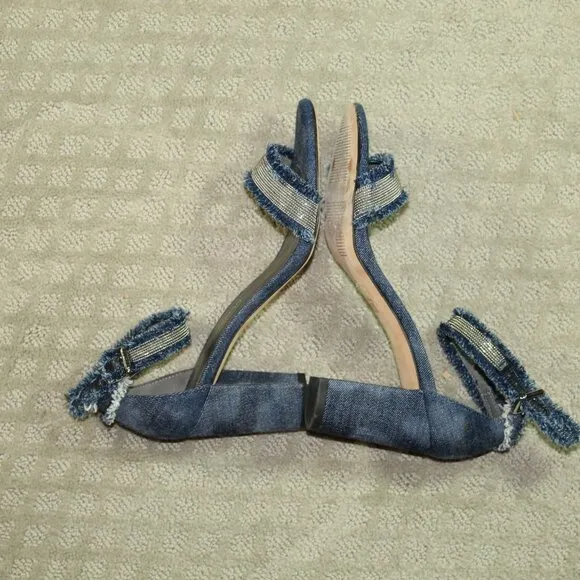 Stuart Weitzman Denim and Bling Fabric Chunky Strappy 3&quot; Heel Women's Size 7.5M