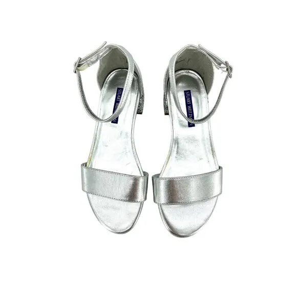 Stuart Weitzman Penelope Girls Silver Glitter Sandals Ankle Straps SZ 13