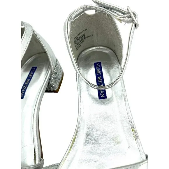 Stuart Weitzman Penelope Girls Silver Glitter Sandals Ankle Straps SZ 13