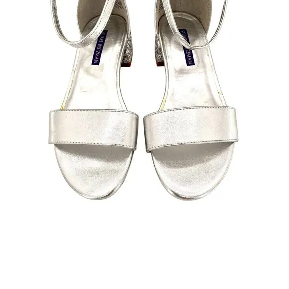 Stuart Weitzman Penelope Girls Silver Glitter Sandals Ankle Straps SZ 13
