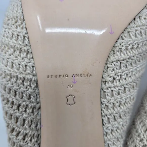 Studio Amelia Heels Women EU40 US10 Beige Croissant Crochet Slides Sandals Shoes
