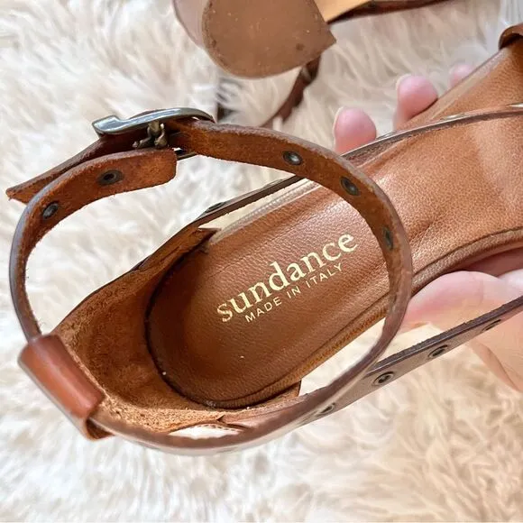 Sundance brown leather block heel sandals metal round grommet straps size 38 / 8