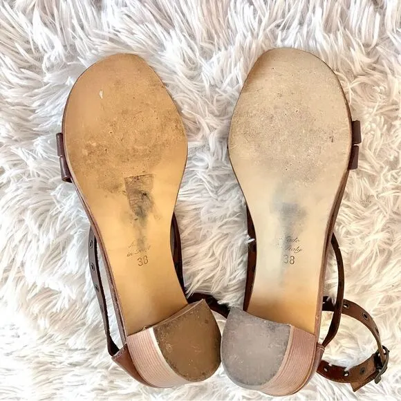 Sundance brown leather block heel sandals metal round grommet straps size 38 / 8