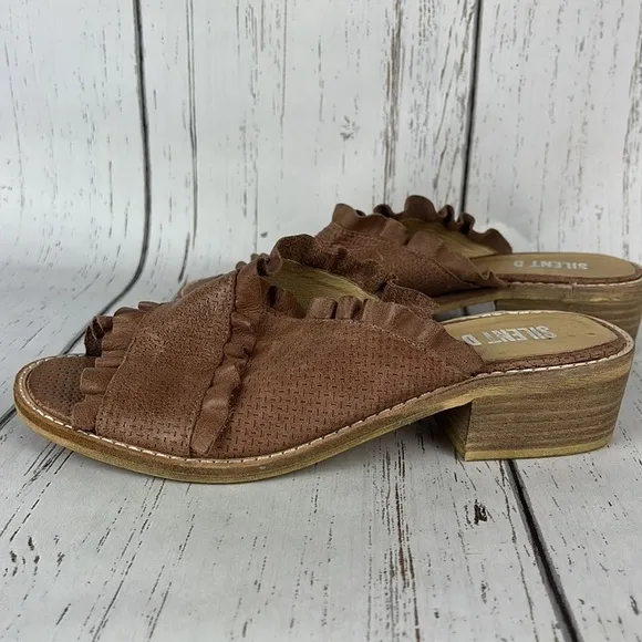 Sundance Silent D Idana Ruffle Pink Stacked Heel Leather Sandals Size 38