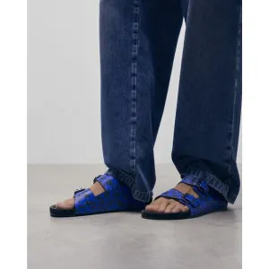 The Kooples Unisex Blue Leather Leopard-Print Sandals Size FR 42 NIB