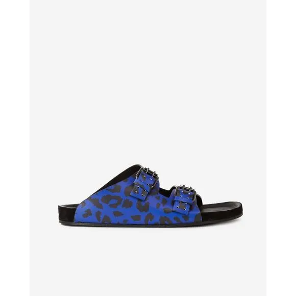 The Kooples Unisex Blue Leather Leopard-Print Sandals Size FR 42 NIB