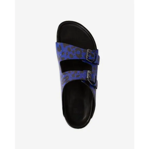 The Kooples Unisex Blue Leather Leopard-Print Sandals Size FR 42 NIB