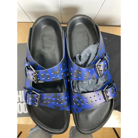The Kooples Unisex Blue Leather Leopard-Print Sandals Size FR 42 NIB