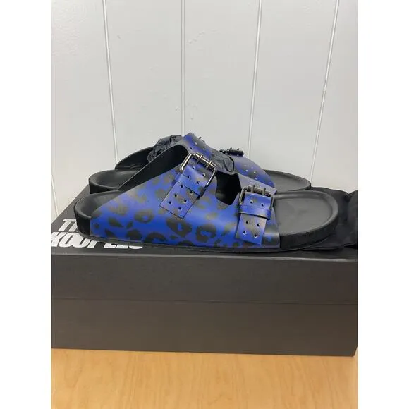 The Kooples Unisex Blue Leather Leopard-Print Sandals Size FR 42 NIB