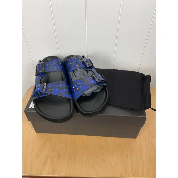 The Kooples Unisex Blue Leather Leopard-Print Sandals Size FR 42 NIB