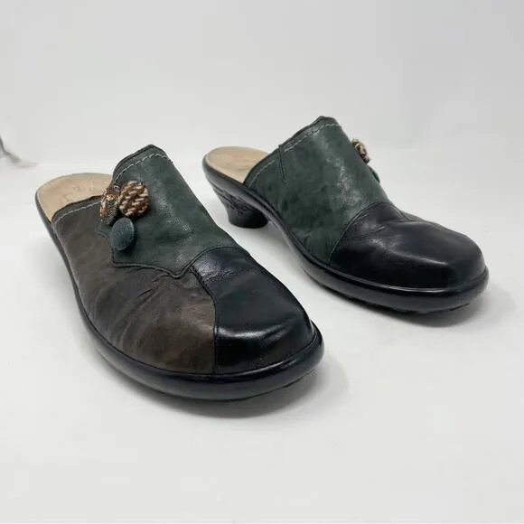 Think Brown Green Distressed Artsy slip on Clogs Mules Shoes Lagenlook 40 9