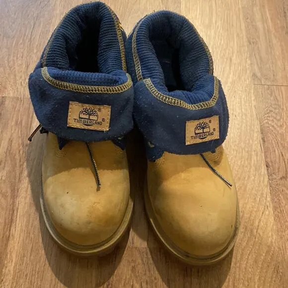 Timberland Roll Top Big Boys Boots Lace Up Blue Tan Leather Size 5M Leather