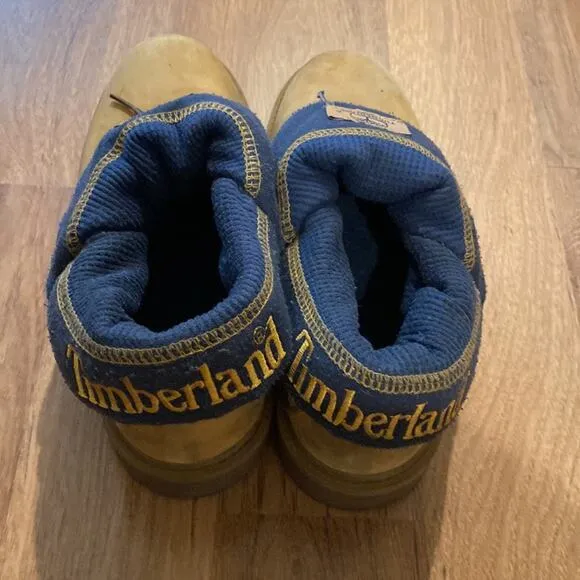 Timberland Roll Top Big Boys Boots Lace Up Blue Tan Leather Size 5M Leather