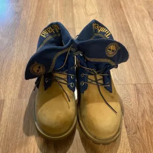 Timberland Roll Top Big Boys Boots Lace Up Blue Tan Leather Size 5M Leather