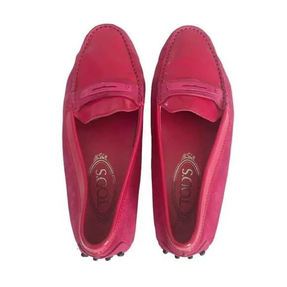 Tods Gommino Pink Magenta Suede Patent Driving Loafers 5.5