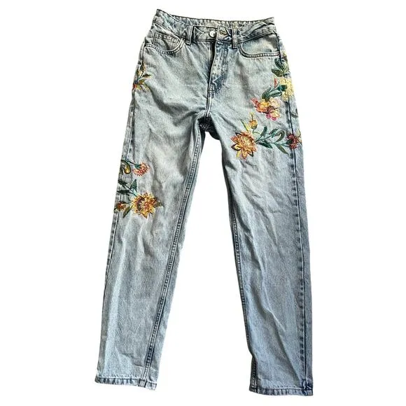 Topshop moto floral embroidered mom jeans 25