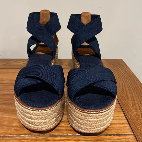 Tory Burch Frieda Platform Espadrille Navy Sandals Size 8.5.