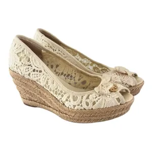 TORY BURCH LACE JACKIE ESPADRILLE WEDGE size 7.5B Preppy Beige Summer Feminine