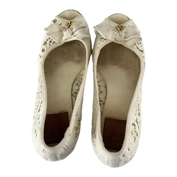 TORY BURCH LACE JACKIE ESPADRILLE WEDGE size 7.5B Preppy Beige Summer Feminine