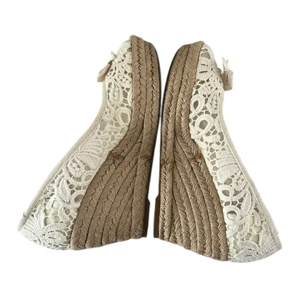 TORY BURCH LACE JACKIE ESPADRILLE WEDGE size 7.5B Preppy Beige Summer Feminine